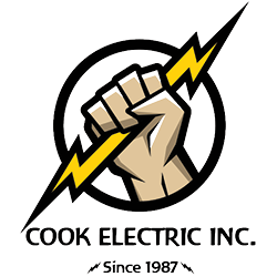 Logo for Cook Electric Inc. featuring a fist gripping a yellow lightning bolt, encircled by a ring, with text “COOK ELECTRIC INC. Since 1987” below.